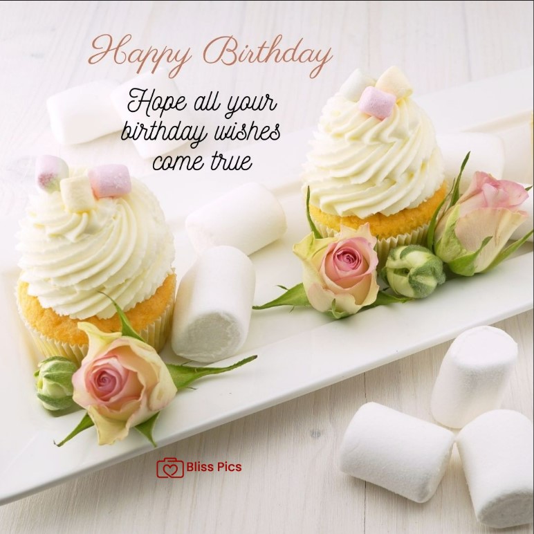 Happy Birthday Image baby pink roses and 2 vanilla cupcakes with white icing and marshmallows on top Happy Birthday Image baby pink roses and 2 vanilla cupcakes with white icing and marshmallows on top - happy birthday images