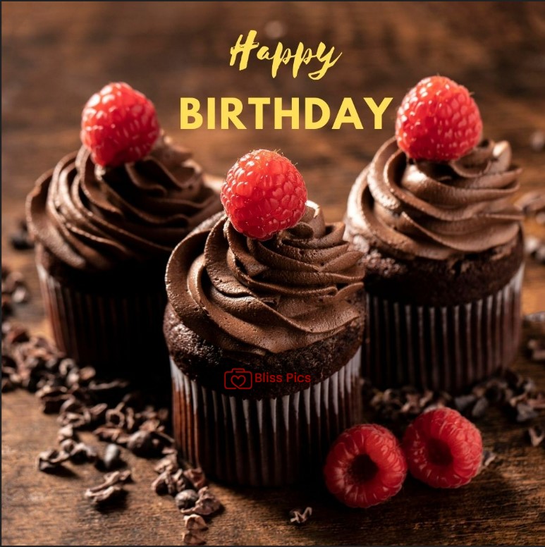 Happy Birthday Image 3 chocolate cupcakes with chocolate icing and red berries on top Happy Birthday Image 3 chocolate cupcakes with chocolate icing and red berries on top - happy birthday images