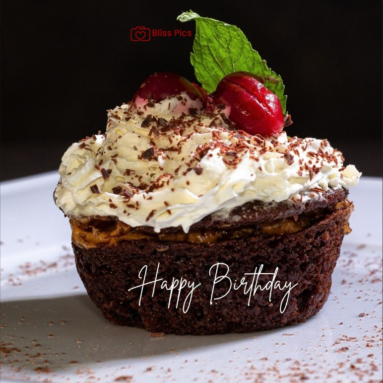 Happy Birthday Image chocolate cupcake with white icing and red cherries on the top Happy Birthday Image chocolate cupcake with white icing and red cherries on the top - happy birthday images