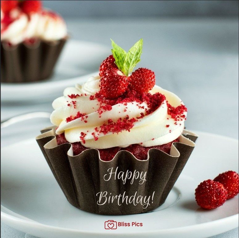 Happy Birthday Image red velvet cupcake with white icing and berries on the top Happy Birthday Image red velvet cupcake with white icing and berries on the top - happy birthday images
