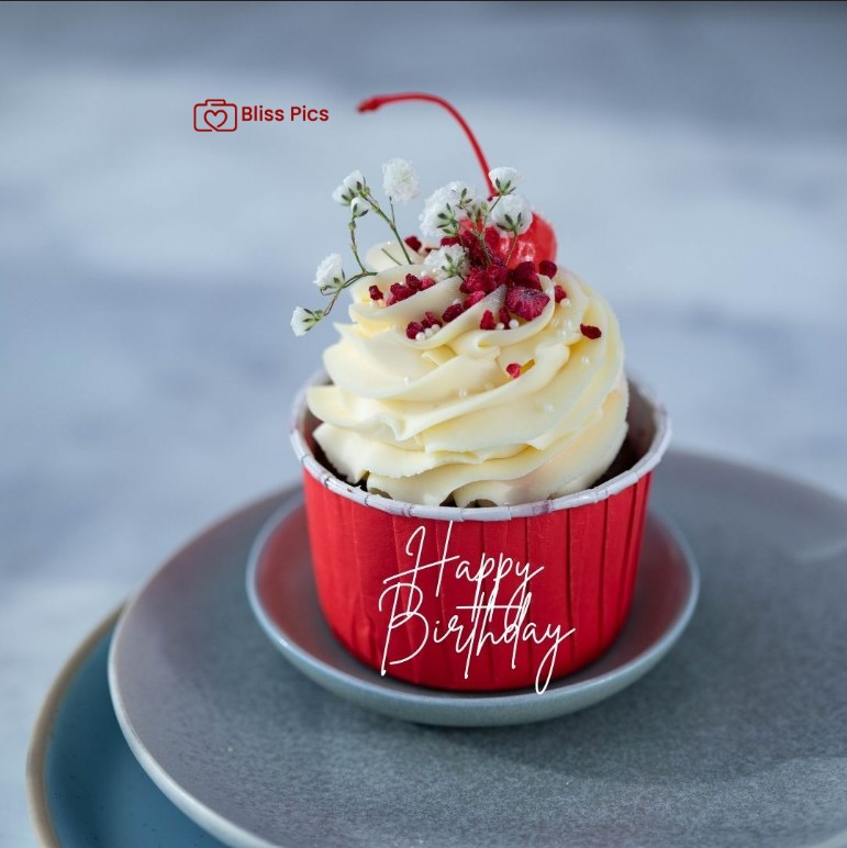 Happy Birthday Image red velvet cupcake with white icing and cherry on the top Happy Birthday Image red velvet cupcake with white icing and cherry on the top - happy birthday images