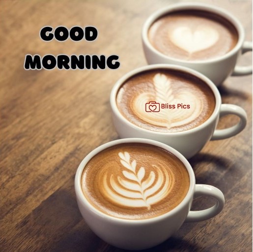 3 cups of cappuccino placed in a line on wooden table 3 cups of cappuccino placed in a line on wooden table - good morning images with coffee