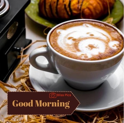 cappuccino in white cup with bear art and breakfast cappuccino in white cup with bear art and breakfast - good morning images with coffee
