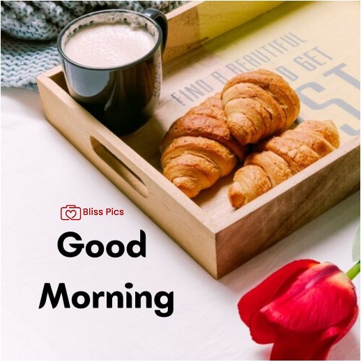 coffee in black cup with croissant and red flower coffee in black cup with croissant and red flower - good morning images with coffee