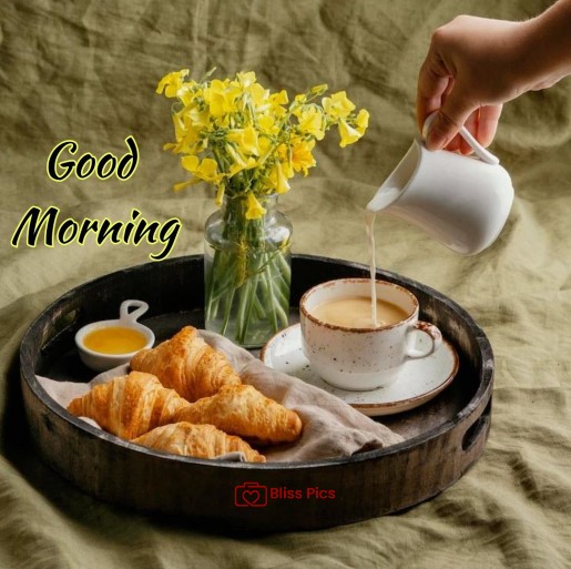 coffee preparation with croissant and yellow flower coffee preparation with croissant and yellow flower - good morning images with coffee