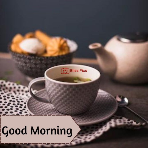 grey coffee cup and saucer with a pot and breakfast snacks grey coffee cup and saucer with a pot and breakfast snacks - good morning images with coffee
