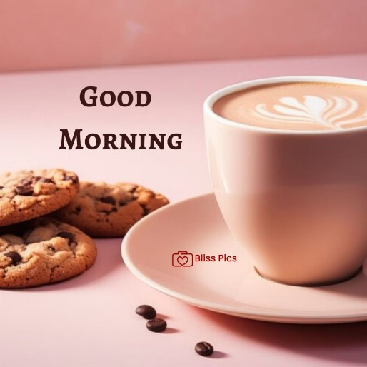 pink background peachy coffee cup and saucer with choco chip cookies and coffee beans pink background peachy coffee cup and saucer with choco chip cookies and coffee beans - good morning images with coffee