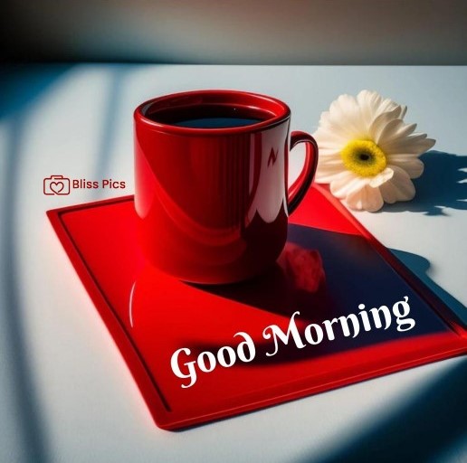 red coffee cup and tray with white gerbera flower red coffee cup and tray with white gerbera flower - good morning images with coffee