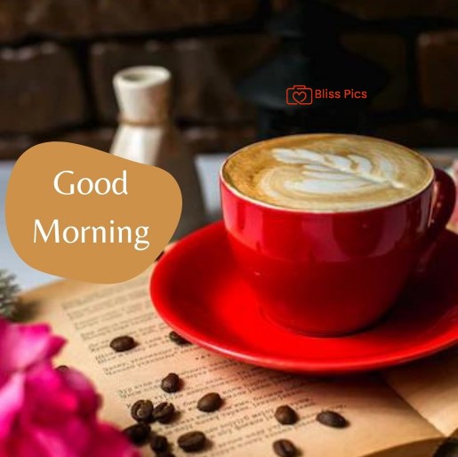 red cup and saucer placed on book with pink flowers and coffee beans good morning images with coffee
