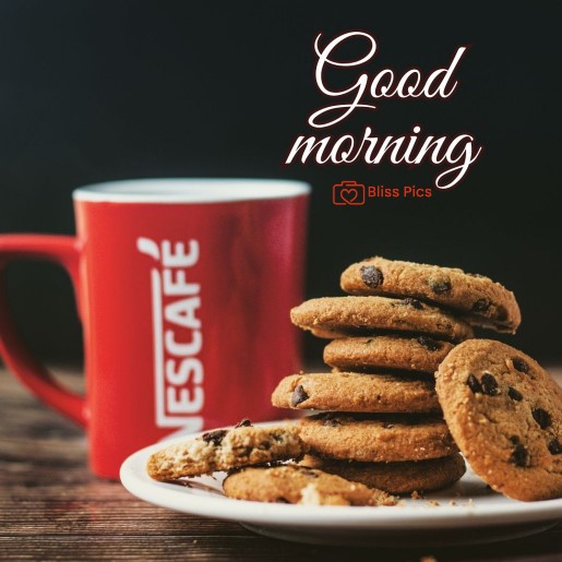 strong nescafe in red coffee mug and a plate of choco chip cookies strong nescafe in red coffee mug and a plate of choco chip cookies - good morning images with coffee